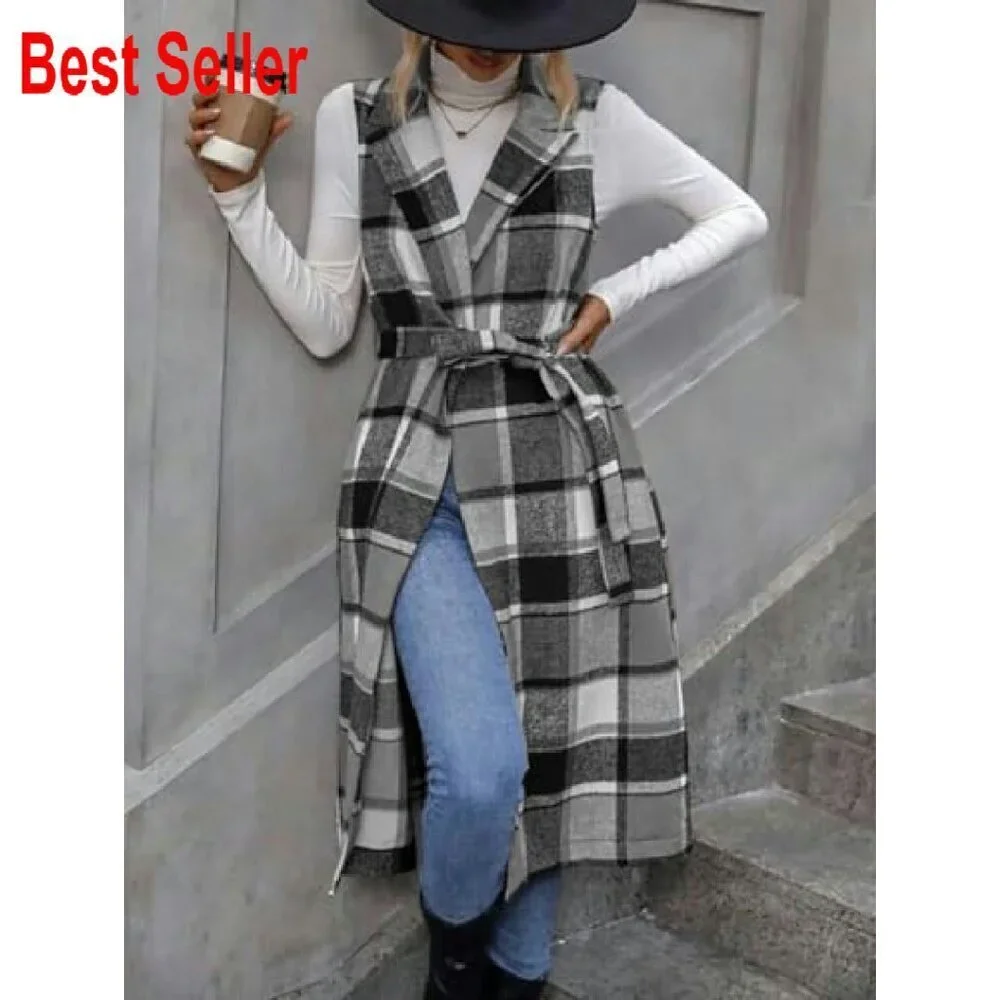 Long Plaid Wool Vest Sleeveless Blazer Jacket Open Front Cardigan Chic